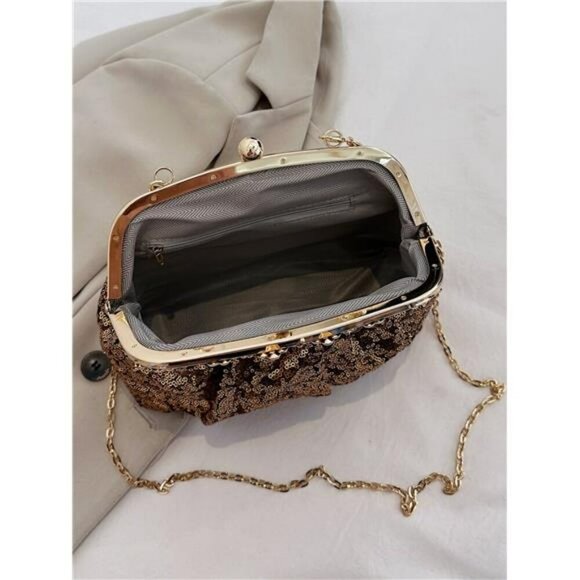 Gold Sequin Rhinestone Decor Ruched Bag for Wedding Formal Dress Clutch Purse - Picture 5 of 5